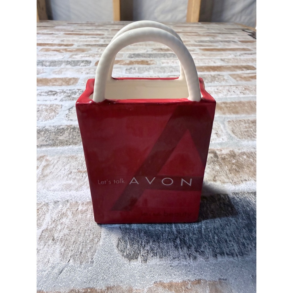 Vintage Avon Red Ceramic Shopping Bag Planter Vanity Organizer Lets Talk Avon